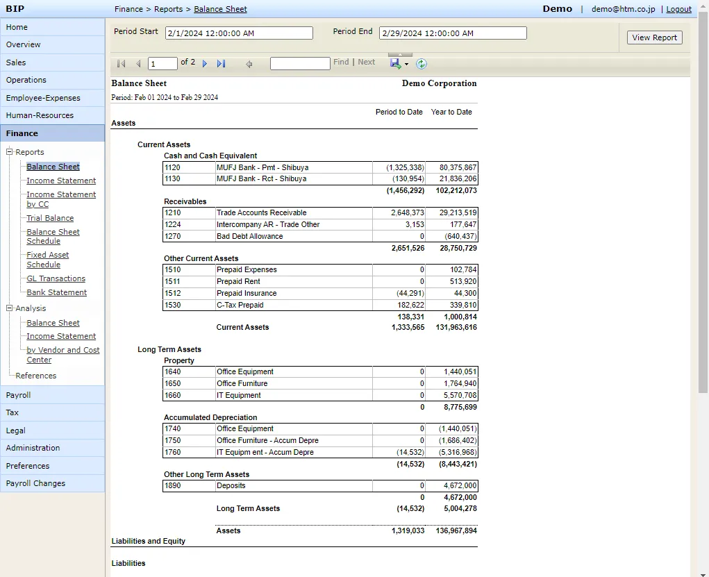 Standard accounting, payroll and other reports on the Business Information Portal